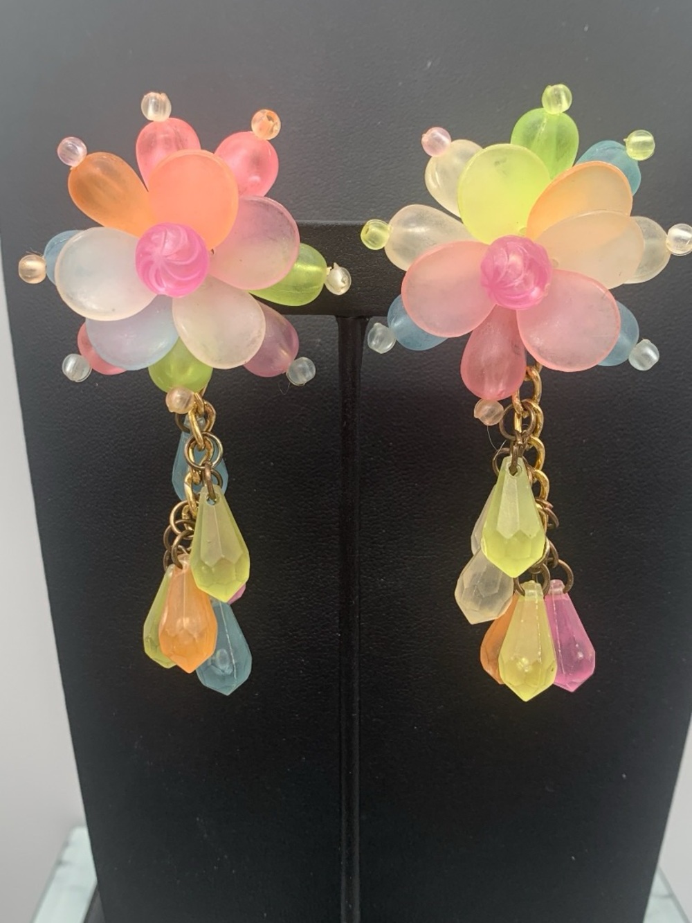 Vintage chunky Lucite Multi-Color Floral Drop Earrings Pink, Yellow, Green, Blue